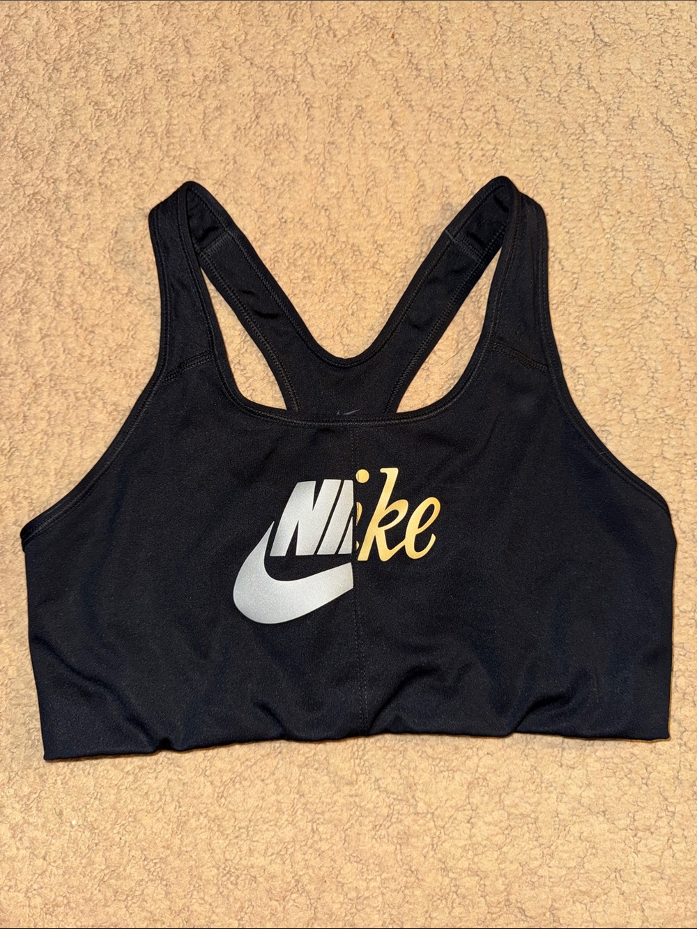 Nike Black Sports Bra with Silver Swoosh and Yellow Script
